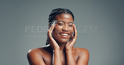 Buy stock photo Beauty, black woman and smile with skincare in studio for healthy skin, natural glow and radiance. Mockup space, person and portrait on gray background for hydration treatment results and dermatology