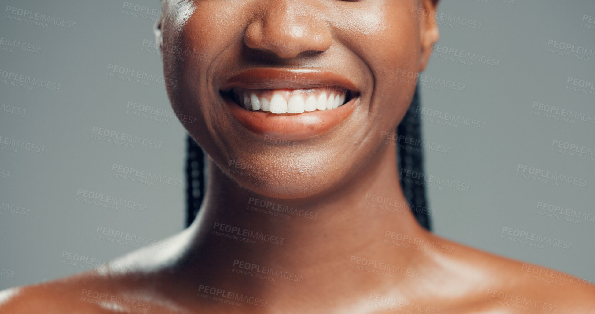 Buy stock photo Dental, mouth or black woman in studio with smile, teeth or tooth wellness in orthodontics. Closeup, happiness or female person on gray background with hygiene, whitening or dentistry in oral health.