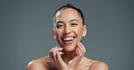 Smile, skincare and portrait of woman in studio for beauty, self care and clear skin. Glow, dermatology and hydration with female person on gray background space for shine, aesthetic and collagen