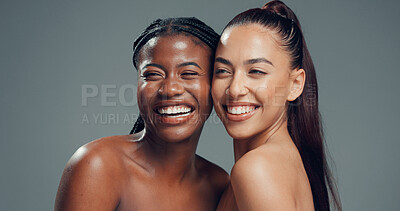 Buy stock photo Skincare, smile and friends or women in studio for beauty, glow and self care diversity. Shine, dermatology and aesthetic with people on gray background space for clear skin, hydration and support