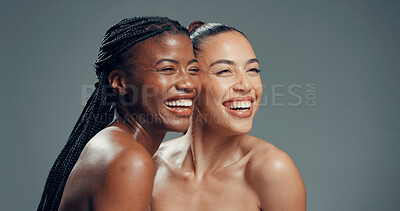 Buy stock photo Skincare, happy and friends or women in studio for beauty, glow and self care diversity. Shine, dermatology and aesthetic with people on gray background space for clear skin, hydration and support