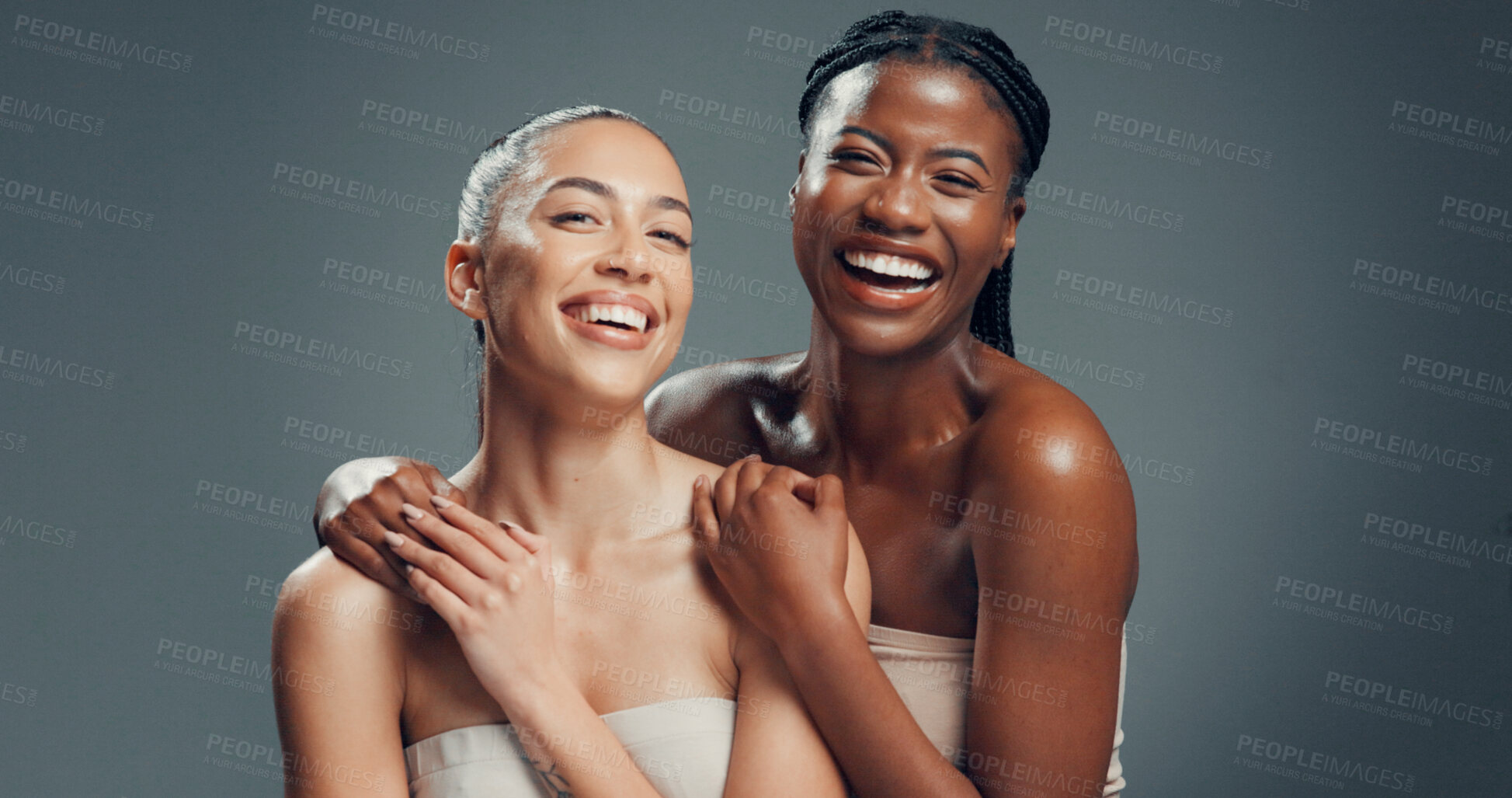 Buy stock photo Skincare, portrait and smile with friends in studio for beauty, glow or self care diversity. Shine, dermatology and aesthetic with women on gray background space for clear skin, hydration and support