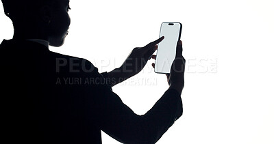 Buy stock photo Phone screen, communication and back of businesswoman in studio with networking or social media. Technology, space and corporate employee with cellphone for email on mobile app by white background.