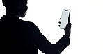 Phone screen, contact and back of businesswoman in studio with communication or social media. Technology, space and corporate employee with cellphone for email on mobile app by white background.