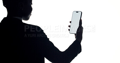 Buy stock photo Phone screen, contact and back of businesswoman in studio with communication or social media. Technology, mockup space and corporate employee with cellphone for email on app by white background.