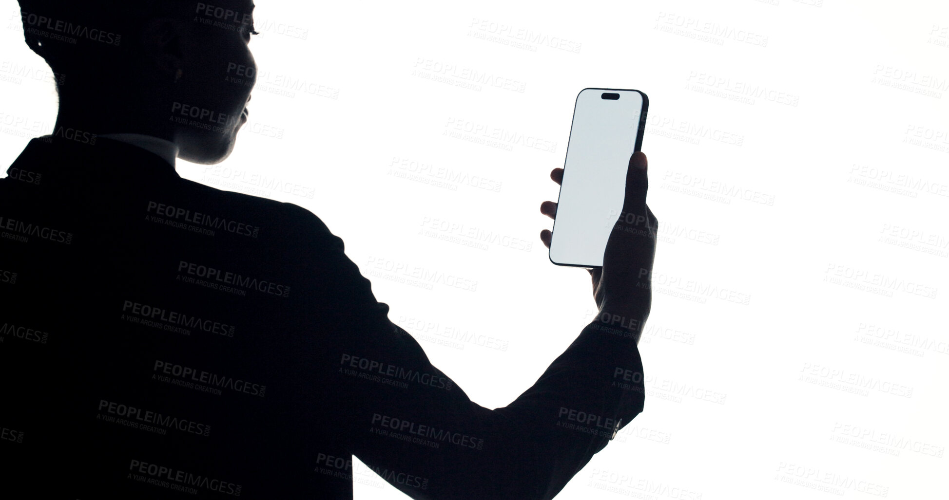Buy stock photo Phone screen, contact and back of businesswoman in studio with communication or social media. Technology, mockup space and corporate employee with cellphone for email on app by white background.