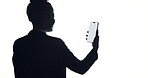 Phone screen, space and back of businesswoman in studio with communication or social media. Technology, networking and corporate employee with cellphone for email on mobile app by white background.