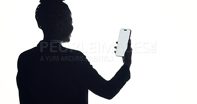 Buy stock photo Phone screen, space and back of businesswoman in studio with communication or social media. Tech mockup, networking and corporate employee with cellphone for email on mobile app by white background.