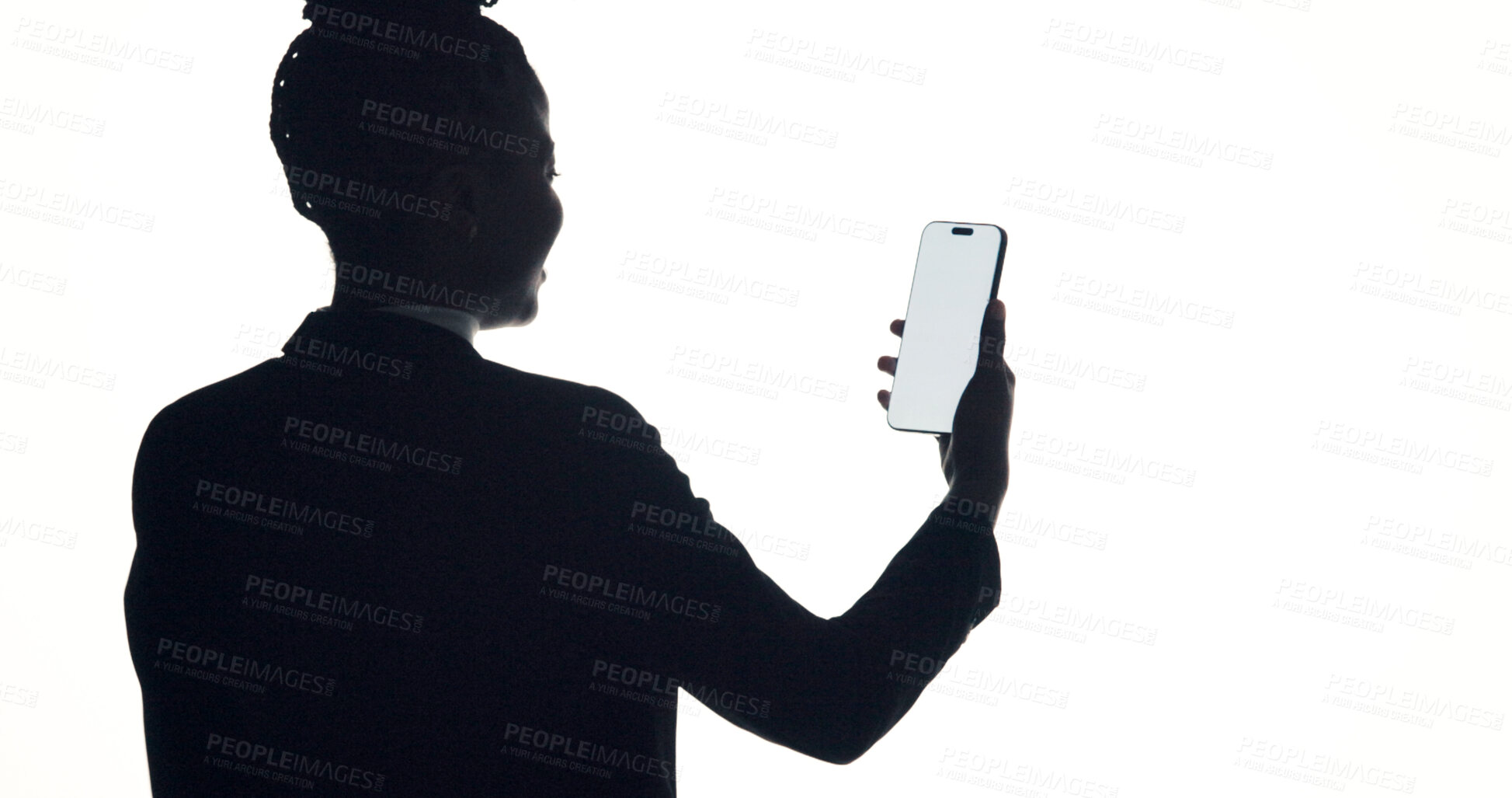 Buy stock photo Phone screen, space and back of businesswoman in studio with communication or social media. Tech mockup, networking and corporate employee with cellphone for email on mobile app by white background.