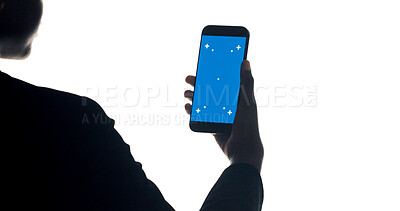 Buy stock photo Person, hands and back view with phone screen for advertising or marketing on a white background. Studio, technology or user with mobile smartphone display for new app, UI or UX on mockup space