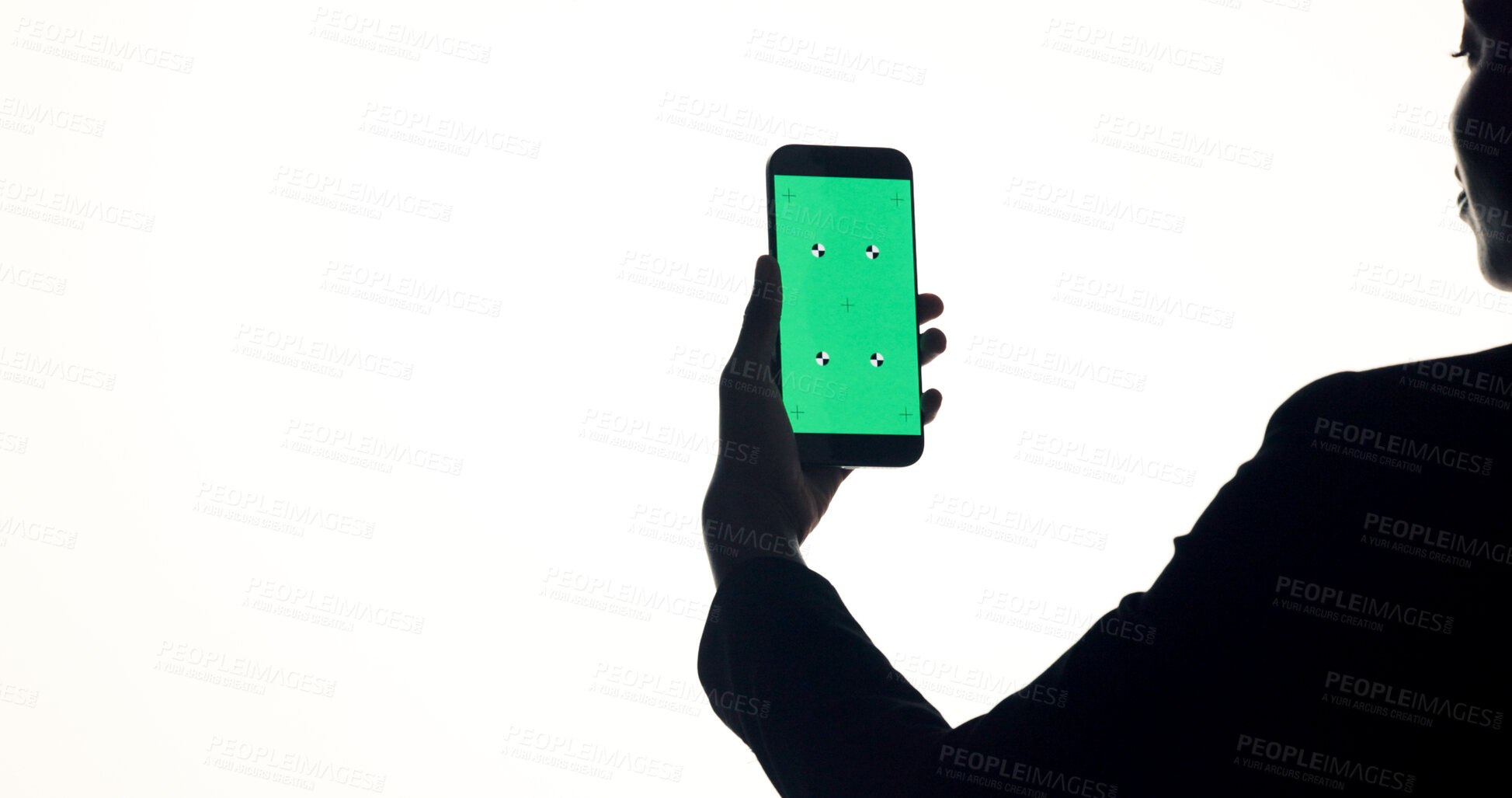 Buy stock photo Green screen, space and hands with phone in studio for website, mobile app and online info. Mockup, chromakey and person on smartphone for internet, networking and connection on white background