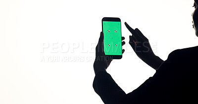 Buy stock photo Phone, green screen and woman in studio with networking, communication or social media on mobile app. Cellphone, space and female person with technology for contact with email by white background.
