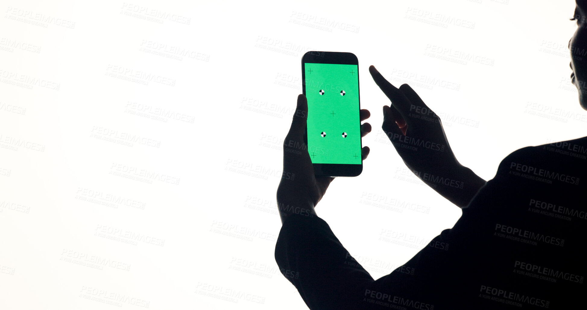 Buy stock photo Phone, green screen and woman in studio with networking, communication or social media on mobile app. Cellphone, space and female person with technology for contact with email by white background.