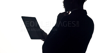 Buy stock photo Thinking, tablet and business woman in studio for brainstorming, online proposal and reflection. Space, mockup and person on tech with ideas, solution and planning for project on white background