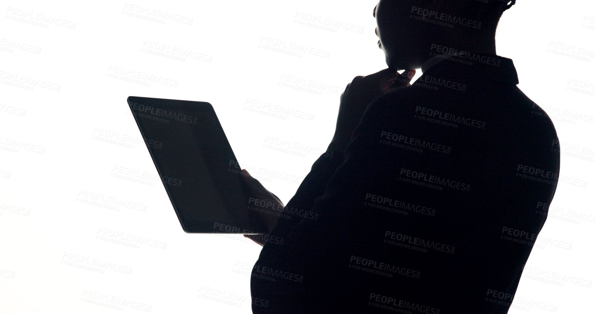 Buy stock photo Thinking, tablet and business woman in studio for brainstorming, online proposal and reflection. Space, mockup and person on tech with ideas, solution and planning for project on white background