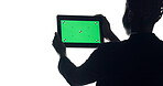 Tablet, green screen and woman in studio with networking, communication or social media on app. Digital technology, space and female person with contact, website or email by white background.