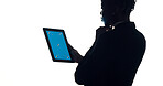 Tablet, green screen and woman in studio with communication, networking or social media on app. Digital technology, space and female person with contact, website or email by white background.