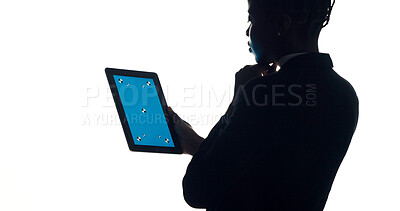 Buy stock photo Tablet, green screen and woman in studio with communication, networking or social media on app. Digital technology, space and female person with contact, website or email by white background.