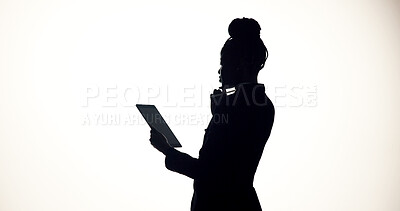 Buy stock photo Thinking, tablet and business person in studio for brainstorming, online proposal and reflection. Space, mockup and woman on tech with ideas, solution or planning for project on white background