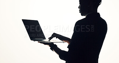 Buy stock photo Hands, laptop and business woman in studio for brainstorming, online proposal and reflection. Typing, mockup and person on tech with ideas, solution or planning for project on white background