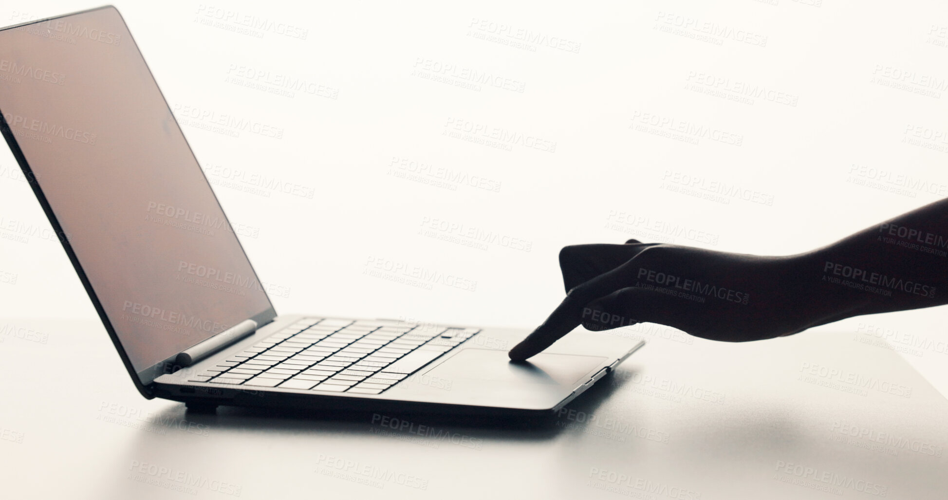 Buy stock photo Laptop screen, hand or scroll in studio for advertising, research trends or brand promotion for marketing. Browsing internet, pc or person planning for awareness campaign, space or white background