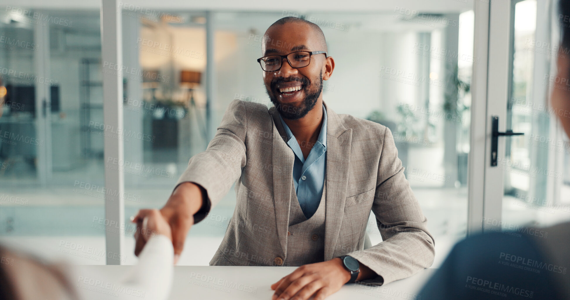 Buy stock photo Business, man or handshake with team in meeting for negotiation deal, b2b success or company merger. Stakeholder, investors and happy with shaking hands in office for offer, partnership and agreement