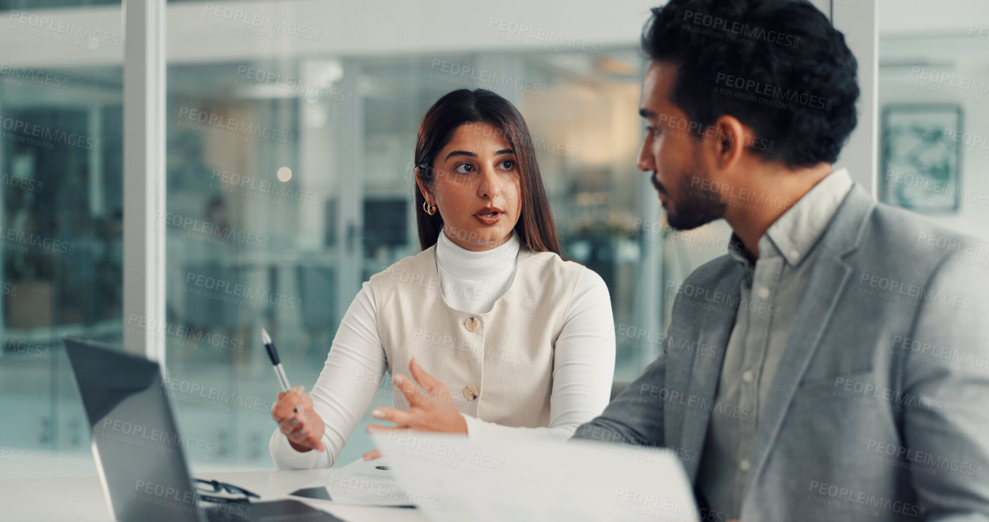 Buy stock photo Laptop, discussion and business people in office with documents for finance review with budget plan. Meeting, computer and financial advisors with paperwork for investment proposal in workplace.