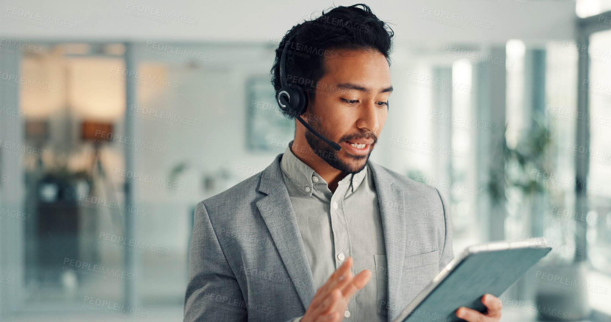 Buy stock photo Advisor, headset and tablet with business man in office for account manager, contact and review. Virtual consultant, asset management and agent with person in agency for investment guide and chat