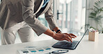 Hands, paperwork and businessman typing on laptop for finance report, performance review or research. Financial analyst, charts and tech in office for investment proposal, budget forecasting or email
