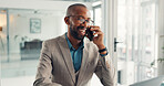 Phone call, laptop and black man in office with communication, negotiation or finance deal. Cellphone, computer and African financial advisor on mobile discussion for investment proposal in workplace