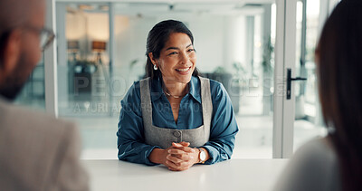 Buy stock photo Meeting, recruiter and woman with people, hiring and happy for recruitment process, talk and office. Business, HR manager and discussion with candidates for job vacancy, onboarding and opportunity