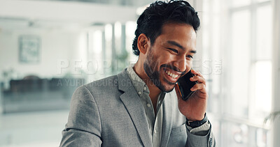 Buy stock photo Advisor, smile and phone call with business man in office for account manager, contact and review. Virtual consultant, asset management and agent with person in agency for investment guide and chat