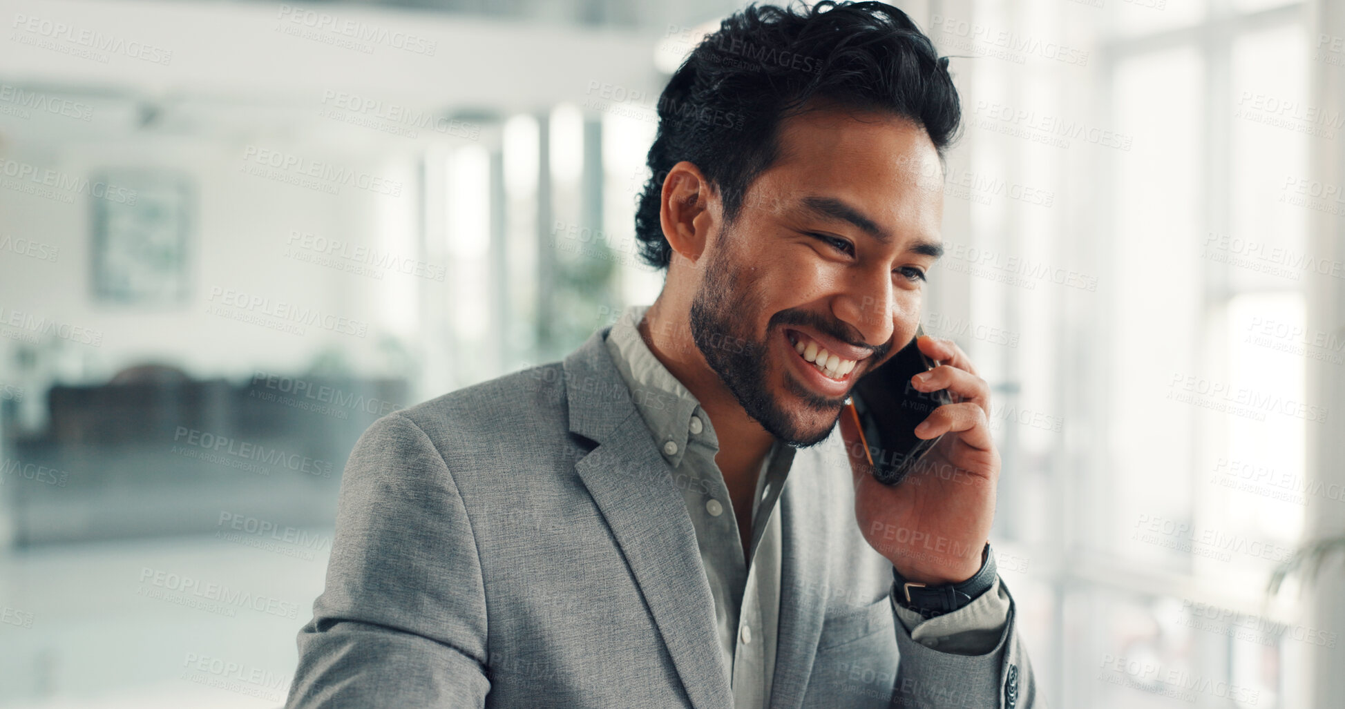 Buy stock photo Advisor, smile and phone call with business man in office for account manager, contact and review. Virtual consultant, asset management and agent with person in agency for investment guide and chat