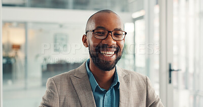 Buy stock photo Smile, corporate and portrait of black man in office with confidence for finance career growth. Happy, professional and African male financial manager with pride for job development in workplace.