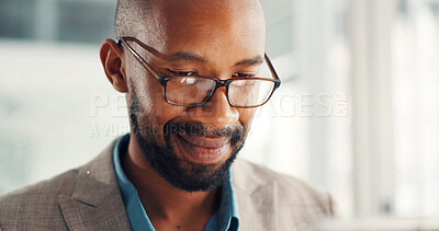 Buy stock photo Black man, reading or research with glasses, tablet or business for corporate insight or vision. Happy, businessman or information with technology for online search, connection or network in office