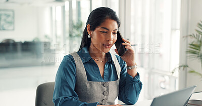 Buy stock photo Phone call, laptop and businesswoman in office with communication, negotiation or finance deal. Cellphone, computer and financial advisor on mobile discussion for investment proposal in workplace.