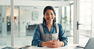 Buy stock photo Happy, laptop and portrait of businesswoman in office with confidence for finance career growth. Smile, computer and female financial manager with pride for job development in workplace in Thailand.