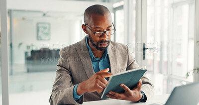 Buy stock photo Scroll, info and businessman with tablet, office and financial analysis on web, online and research. Investment banker, black person and planning for pitch with tech, browsing or checking market data