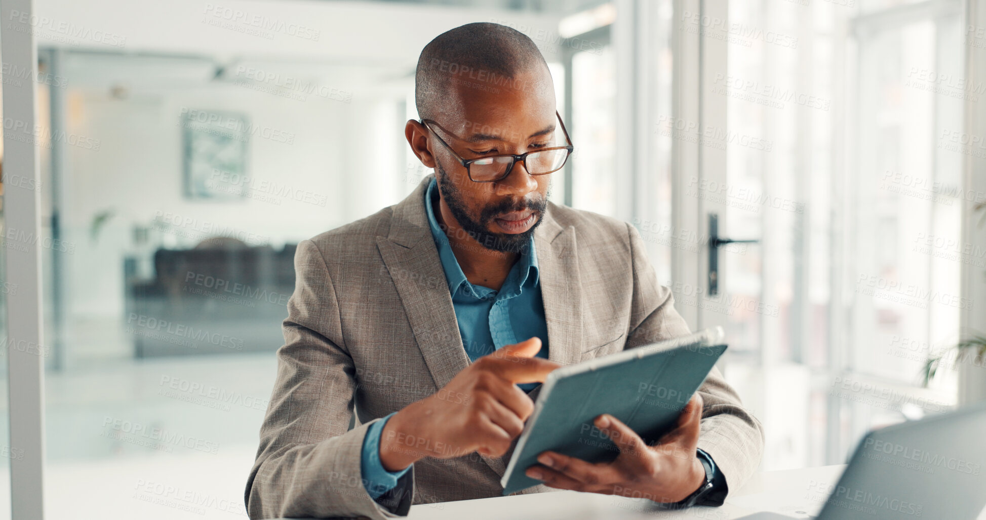 Buy stock photo Scroll, info and businessman with tablet, office and financial analysis on web, online and research. Investment banker, black person and planning for pitch with tech, browsing or checking market data