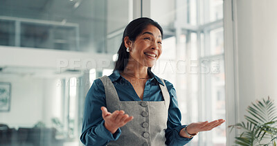 Buy stock photo Media agency, presentation and happy woman in office, talking and copywriting with ideas. Mature person, employee or journalist with magazine editor, speech and proposal for creative project or smile