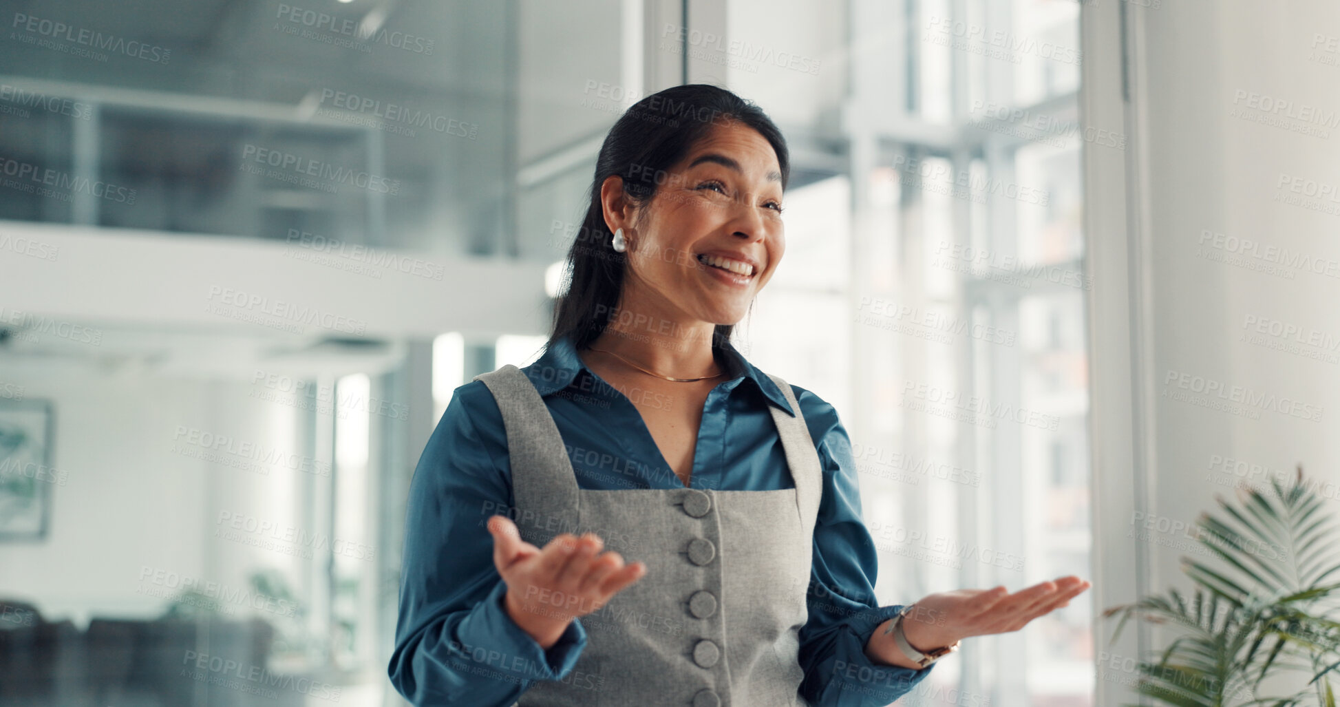 Buy stock photo Media agency, presentation and happy woman in office, talking and copywriting with ideas. Mature person, employee or journalist with magazine editor, speech and proposal for creative project or smile