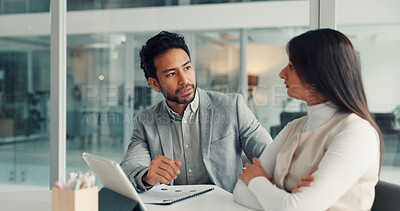 Buy stock photo Tablet, meeting and business people in office with documents for finance review with budget plan. Discussion, technology and financial advisors with paperwork for investment proposal in workplace.