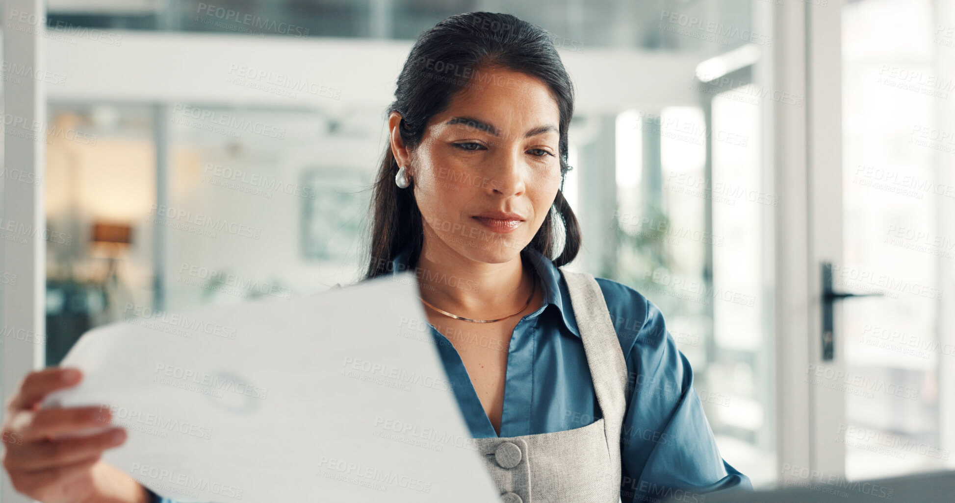 Buy stock photo Woman, documents and computer with charts at startup, insight and review for web traffic stats at office. Person, paperwork and pc for administration, graphs or project management at creative agency