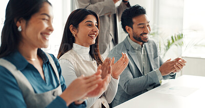 Buy stock photo Happy, business people and meeting with applause for presentation, thank you or well done in office. Group, employees or team clapping with smile for conference, speech or workshop in workplace