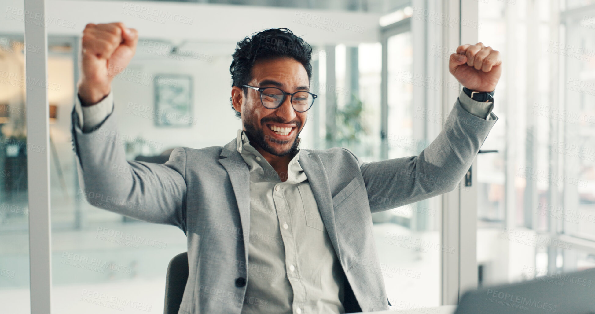 Buy stock photo Happy, businessman and winning with laptop for good news, promotion or bonus in office. Excited, man or employee with fist pump, smile or computer for salary increase or business success in workplace