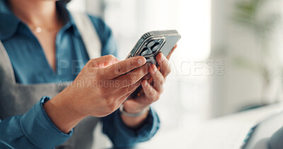 Buy stock photo Smartphone, hands and businesswoman in office with networking, communication or email on app. Typing, technology and female person with cellphone for contact, texting or research online in workplace.