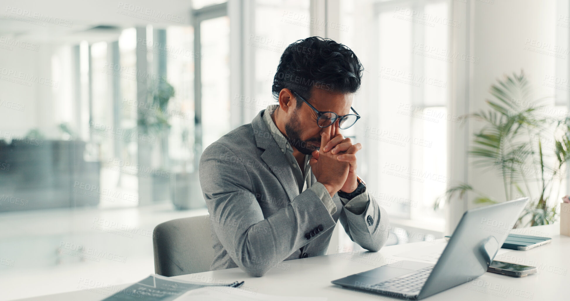 Buy stock photo Frustrated, businessman or headache with stress, laptop or eye strain for deadline in office. Tired man, employee or analyst with migraine on computer for mistake, pressure or overworked in workplace