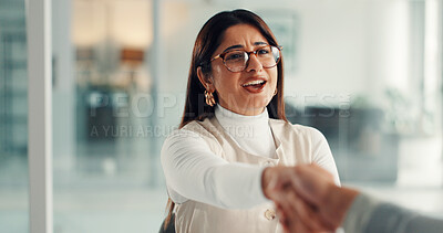 Buy stock photo Office, woman and handshake with person, hiring and discussion for recruitment process and agreement. Business, HR manager and shaking hands with candidate for job vacancy, onboarding and opportunity