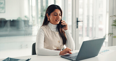 Buy stock photo Advisor, laptop and phone call with business woman in office for account manager, contact or review. Virtual consultant, asset management and agent with person in agency for investment guide and chat