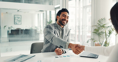 Buy stock photo Meeting, man and handshake with person, hiring and discussion for recruitment process and agreement. Business, HR manager and shaking hands with candidate for job vacancy, onboarding and opportunity